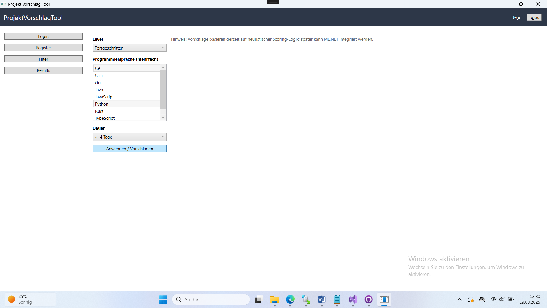 Projektvorschlagstool – Screenshot 3